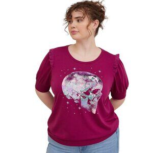 Torrid Top Womens 3/3X Skull Graphic Eyelet Ruffle French Terry Casual Grunge